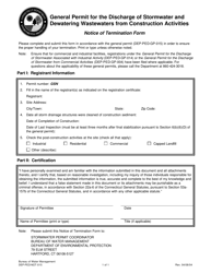 Document preview: Form DEP-PED-NOT-015 General Permit for the Discharge of Stormwater and Dewatering Wastewaters From Construction Activities Notice of Termination Form - Connecticut