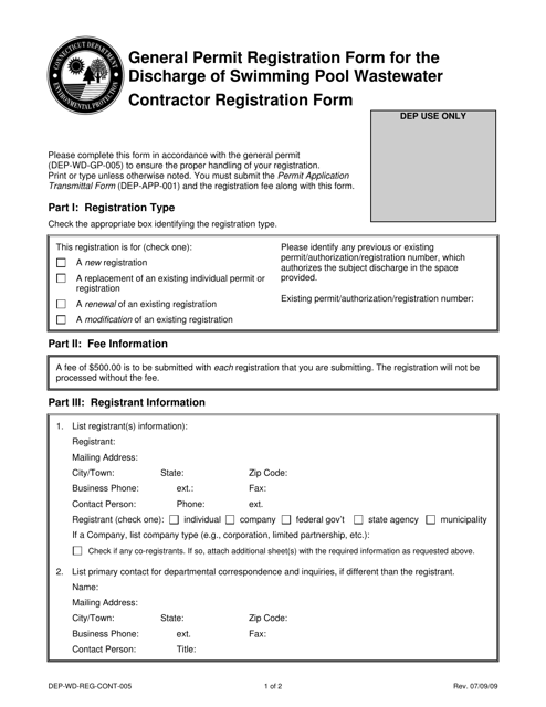 Form DEP-WD-REG-CONT-005 General Permit Registration Form for the Discharge of Swimming Pool Wastewater Contractor Registration Form - Connecticut