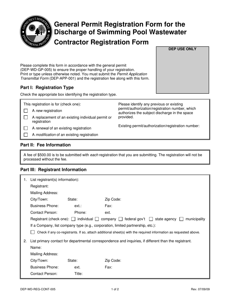 Form DEP-WD-REG-CONT-005 General Permit Registration Form for the Discharge of Swimming Pool Wastewater Contractor Registration Form - Connecticut, Page 1