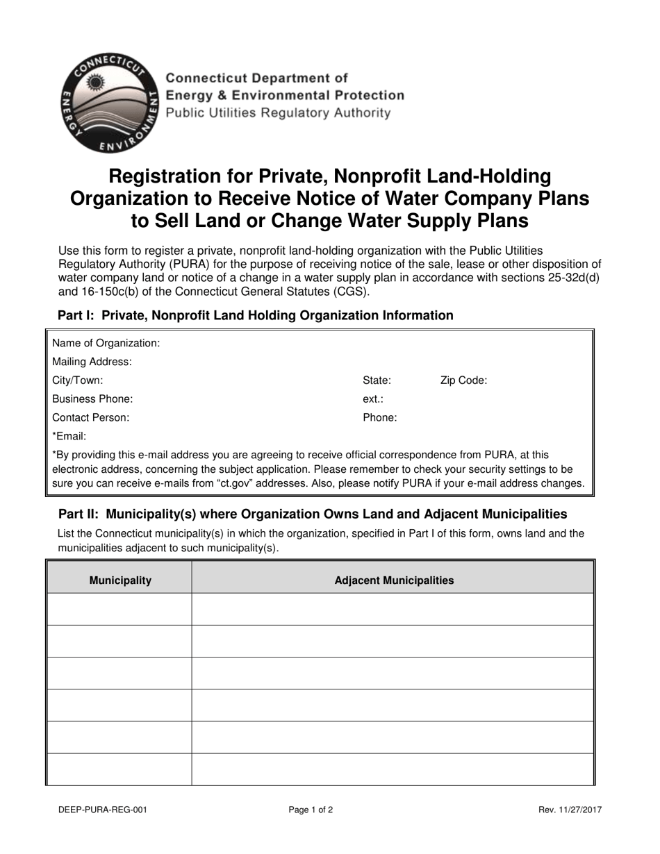 Form DEEP-PURA-REG-001 Registration for Private, Nonprofit Land-Holding Organization to Receive Notice of Water Company Plans to Sell Land or Change Water Supply Plans - Connecticut, Page 1