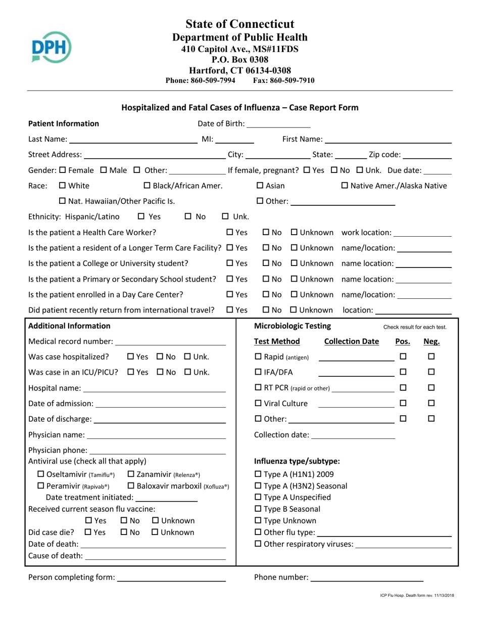 Hospitalized and Fatal Cases of Influenza - Case Report Form - Connecticut, Page 1