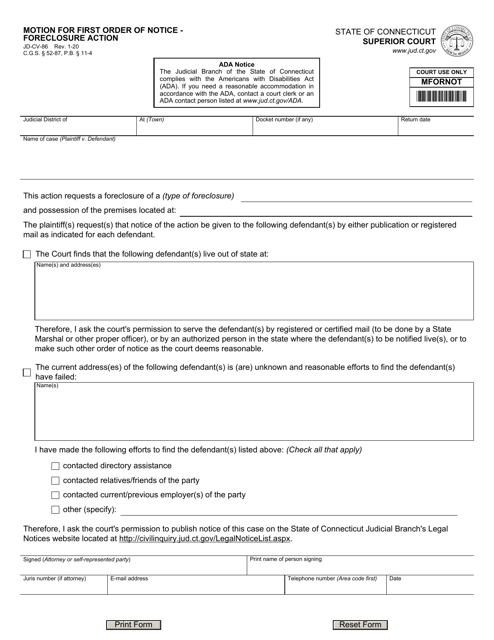 Form JD-CV-86 Motion for First Order of Notice - Foreclosure Action - Connecticut