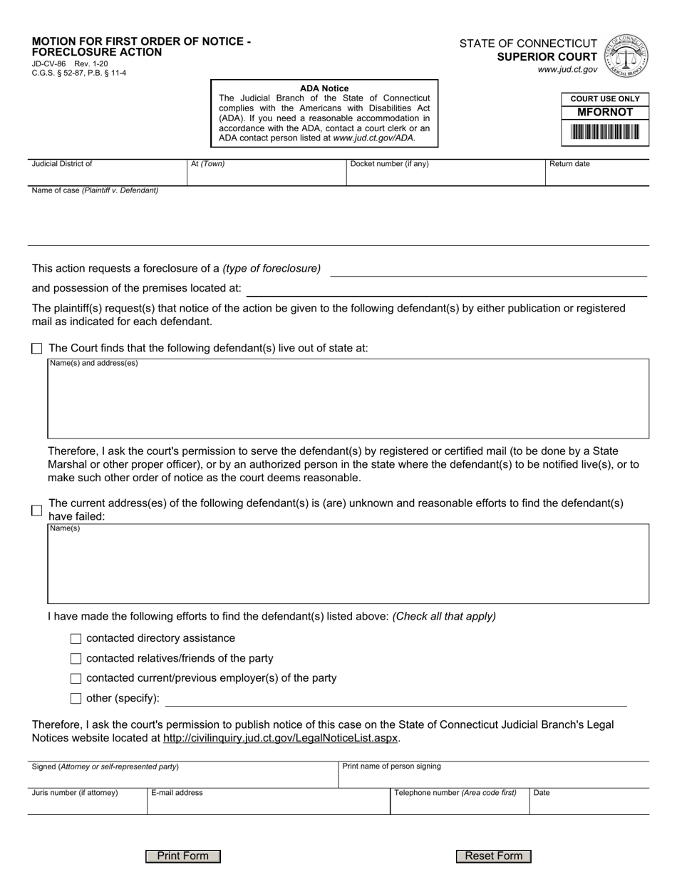 Form JD-CV-86 Motion for First Order of Notice - Foreclosure Action - Connecticut, Page 1