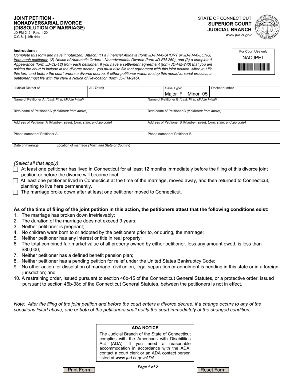 Form JD-FM-242 Joint Petition - Nonadversarial Divorce (Dissolution of Marriage) - Connecticut, Page 1