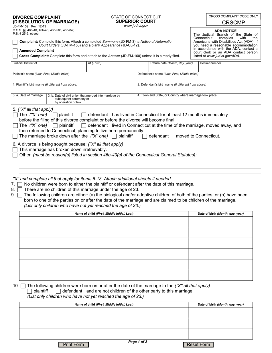 Form JD-FM-159 Divorce Complaint (Dissolution of Marriage) - Connecticut, Page 1