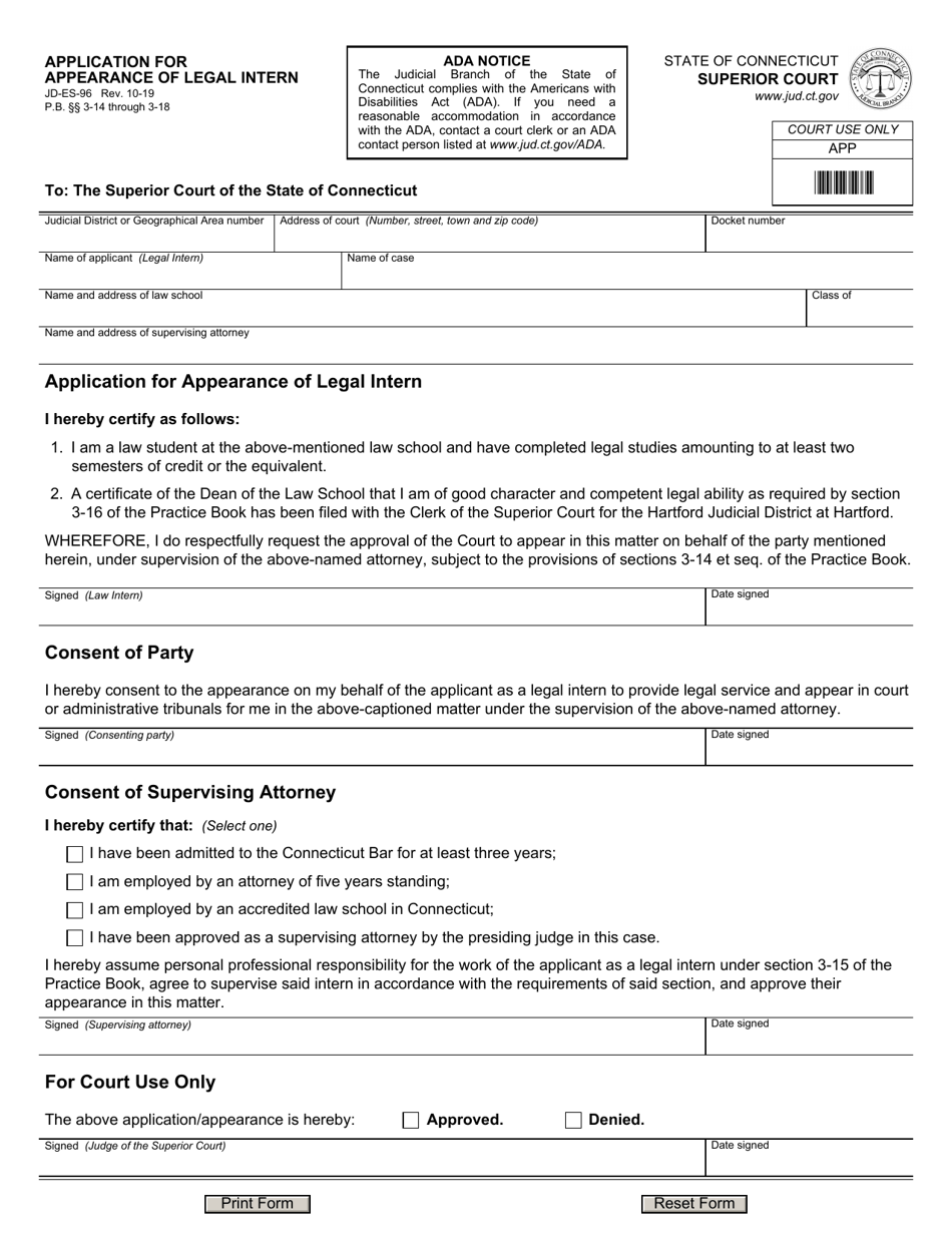 Form JD-ES-96 Application for Appearance of Legal Intern - Connecticut, Page 1