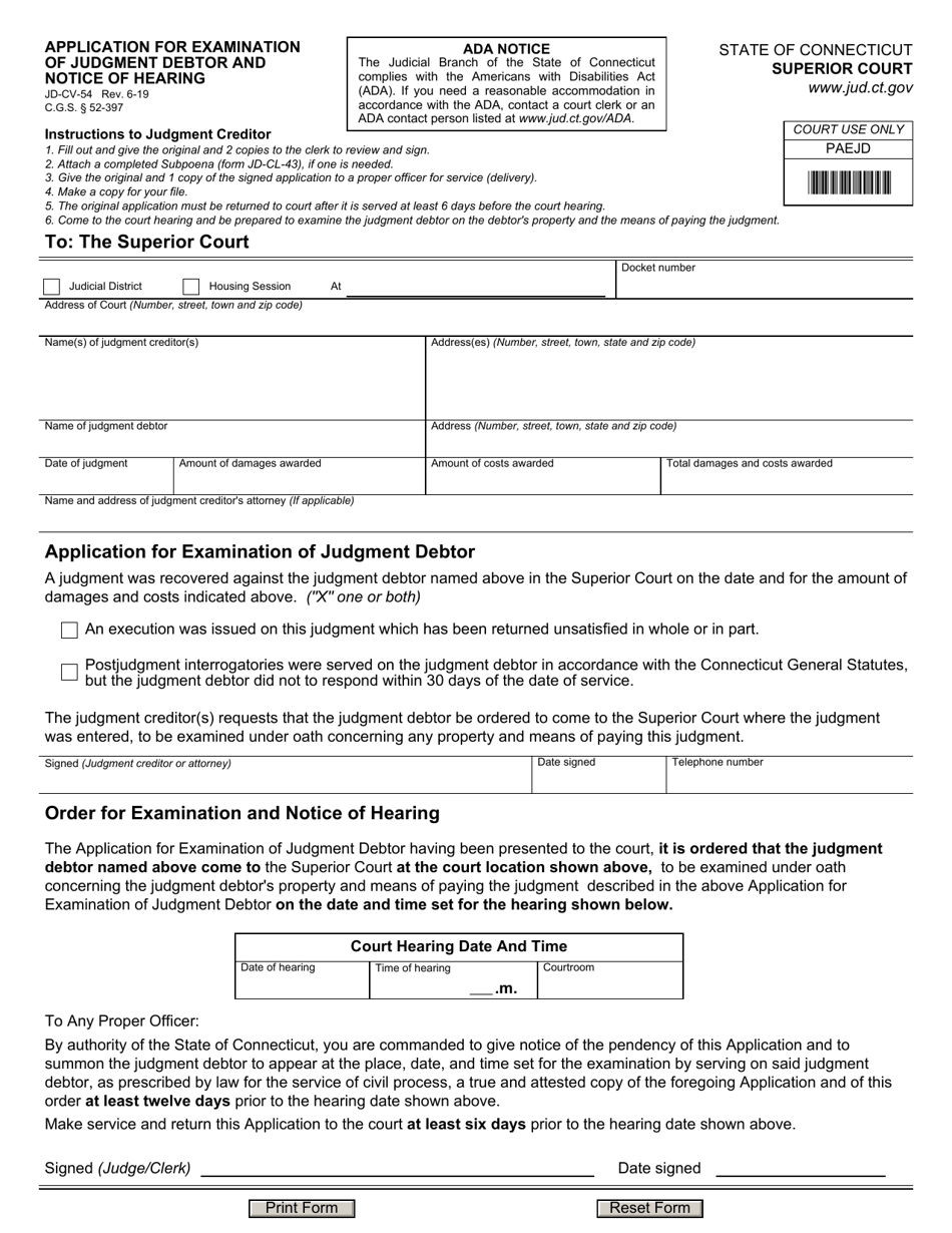 Form JD-CV-54 Application for Examination of Judgment Debtor and Notice of Hearing - Connecticut, Page 1