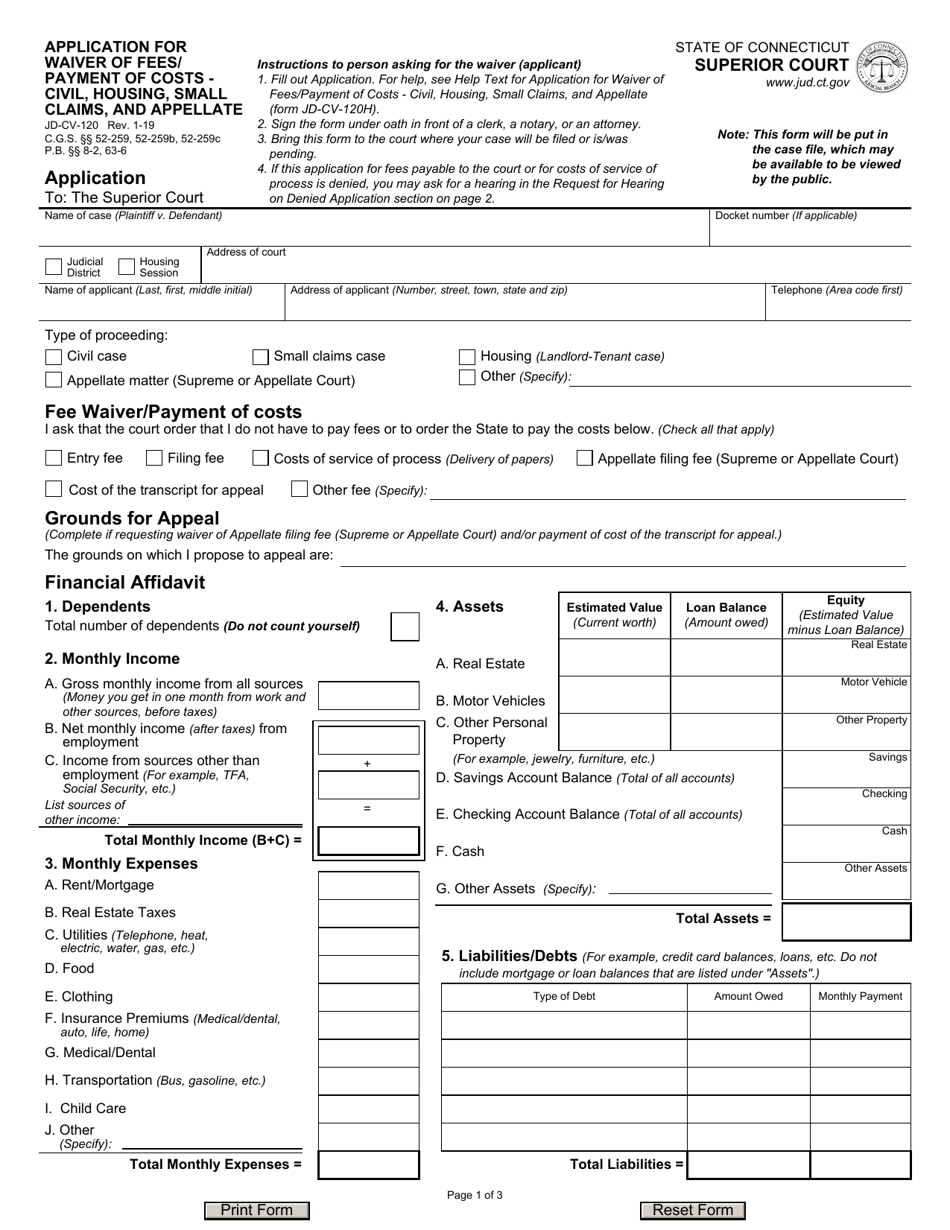 Form JD-CV-120 Application for Waiver of Fees / Payment of Costs - Civil, Housing, Small Claims, and Appellate - Connecticut, Page 1