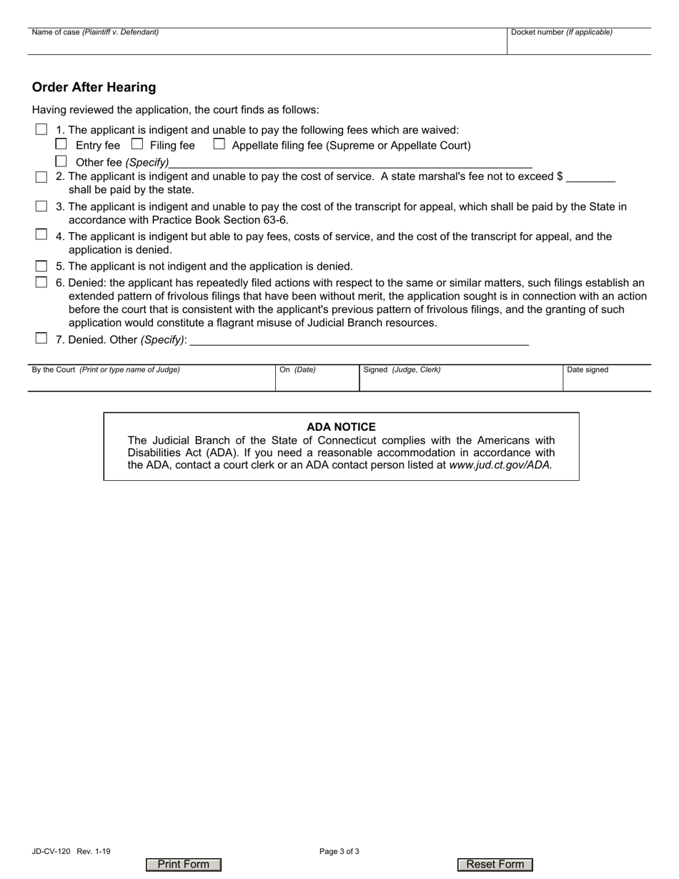 Form JD-CV-120 Application for Waiver of Fees / Payment of Costs - Civil, Housing, Small Claims, and Appellate - Connecticut, Page 3