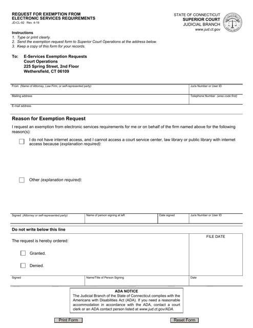 Form JD-CL-92 Request for Exemption From Electronic Services Requirements - Connecticut