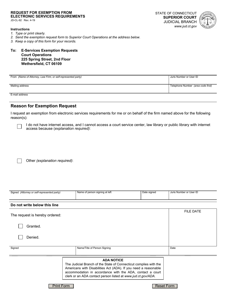 Form JD-CL-92 Request for Exemption From Electronic Services Requirements - Connecticut, Page 1
