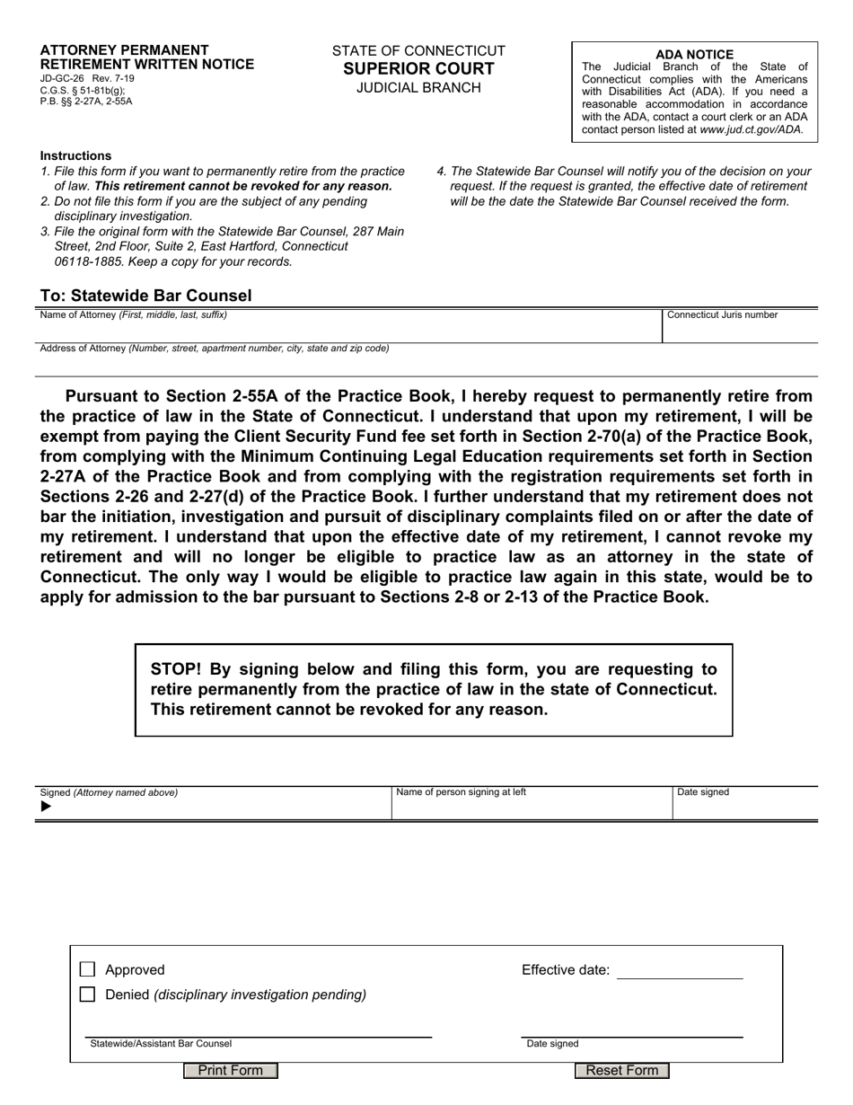 Form JD-GC-26 Attorney Permanent Retirement Written Notice - Connecticut, Page 1