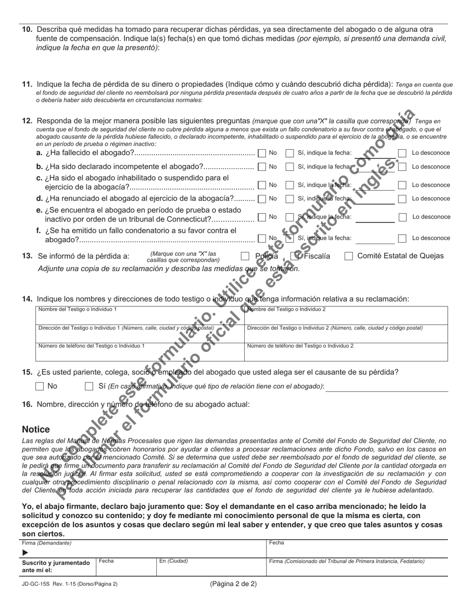 Formulario JD-GC-15S Solicitud De Reembolso Del Fondo De Seguridad Del Cliente - Connecticut (Spanish), Page 2