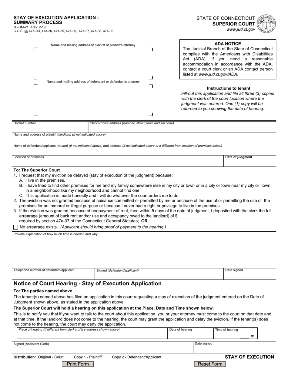 Form JD-HM-21 Notice of Court Hearing - Stay of Execution Application - Connecticut, Page 1