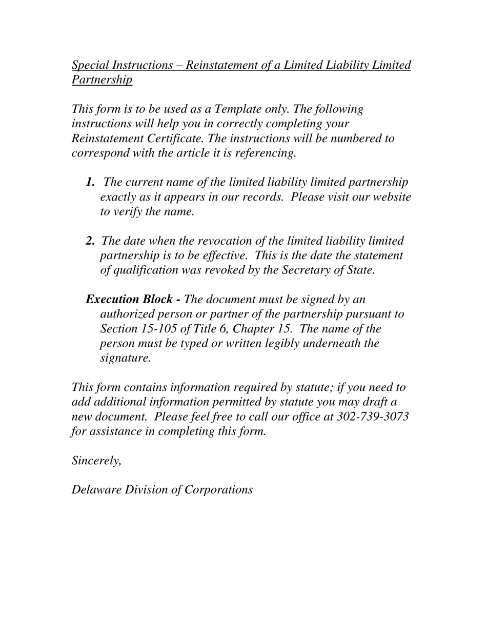Application for Reinstatement of Limited Liability Limited Partnership - Delaware, Page 2