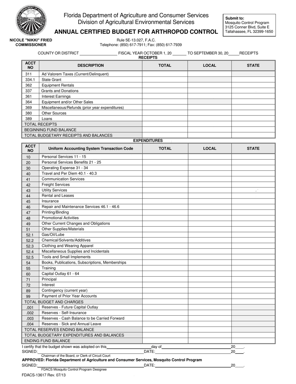Form FDACS-13617 Annual Certified Budget for Arthropod Control - Florida, Page 1