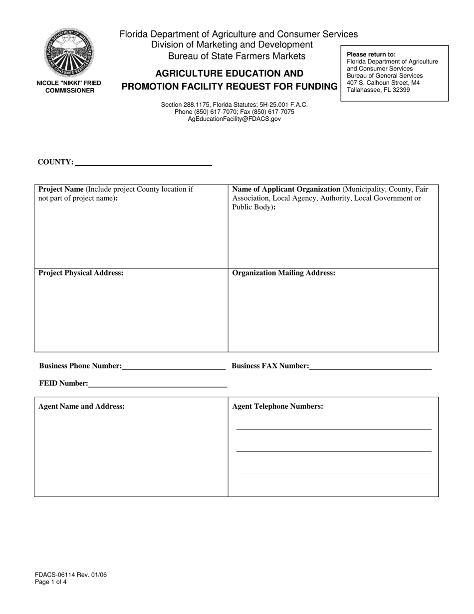 Form FDACS-06114 Agriculture Education and Promotion Facility Request for Funding - Florida, Page 1