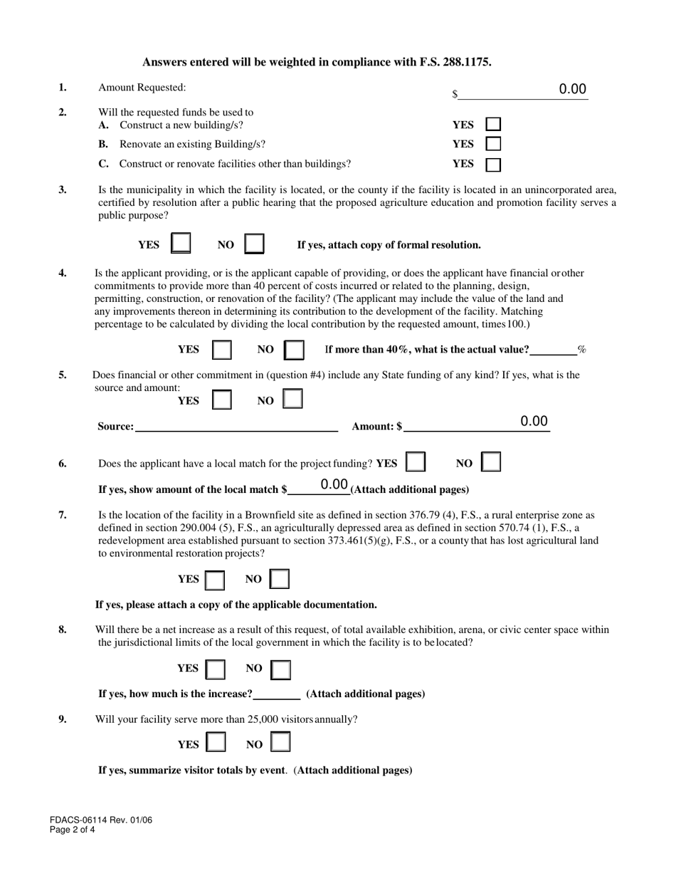 Form FDACS-06114 Agriculture Education and Promotion Facility Request for Funding - Florida, Page 2