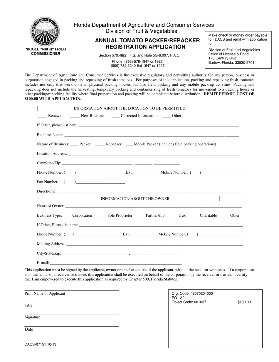 Form FDACS-07151 Annual Tomato Packer / Repacker Registration Application - Florida, Page 1