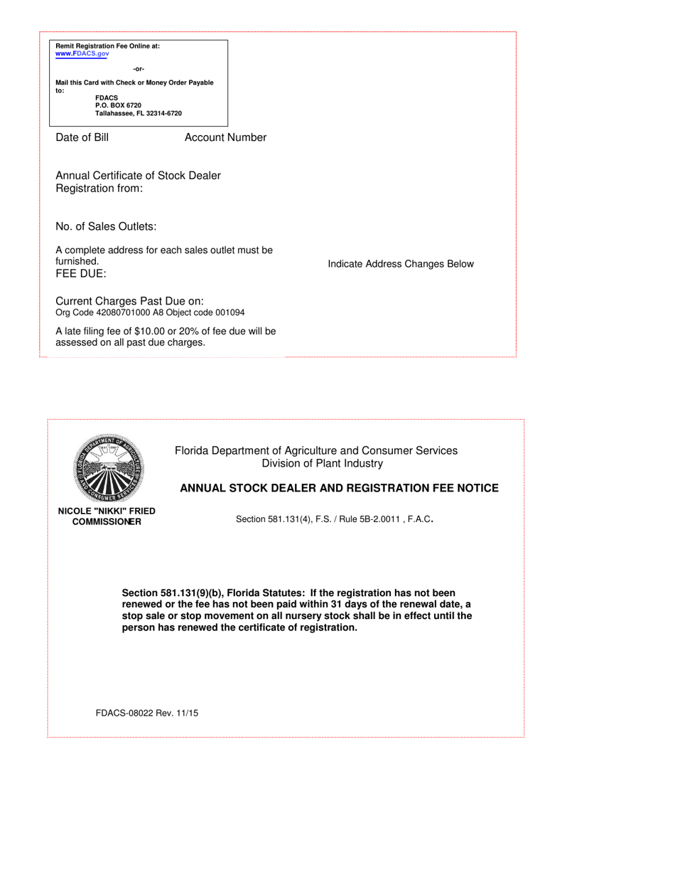 Form FDACS-08022 Annual Stock Dealer and Registration Fee Notice - Florida, Page 1