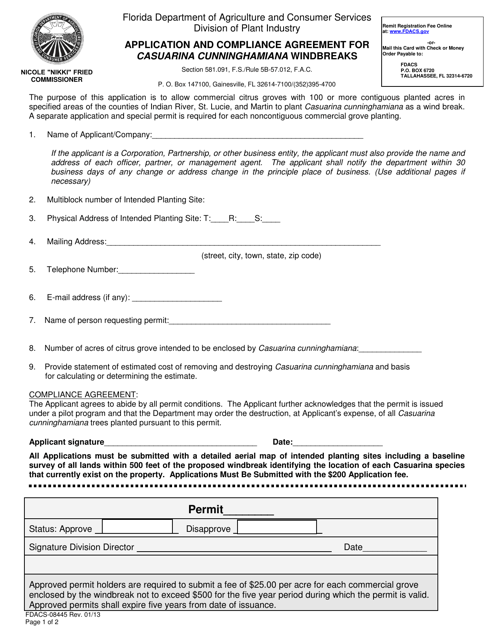 Form FDACS-08445 Application and Compliance Agreement for Casuarina Cunninghamiana Windbreaks - Florida