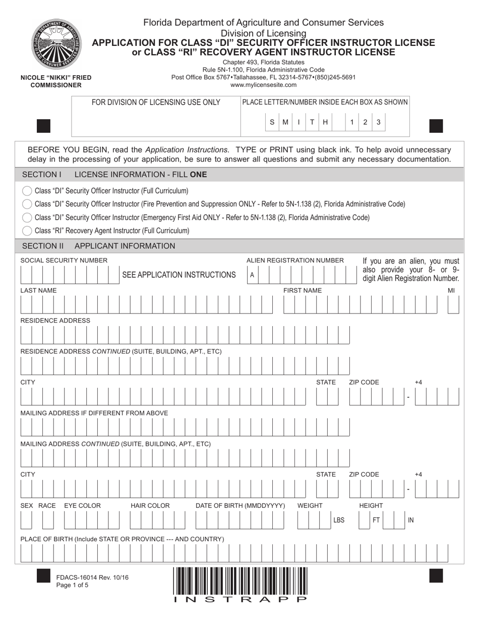 Form FDACS-16014 Application for Class di Security Officer Instructor or Class ri Recovery Agent Instructor - Florida, Page 6