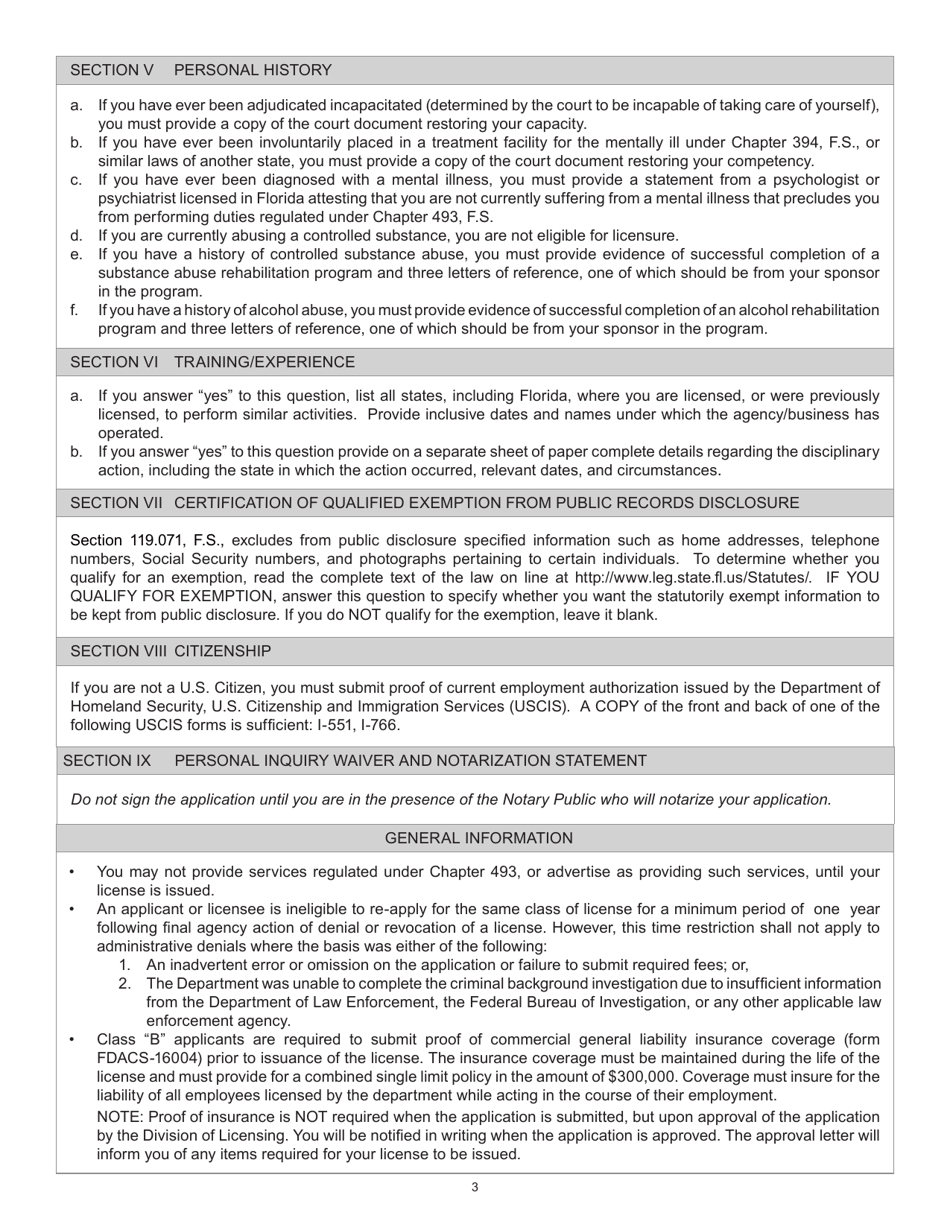 Form FDACS-16022 Application for Class a, b, or r Agency License - Florida, Page 4