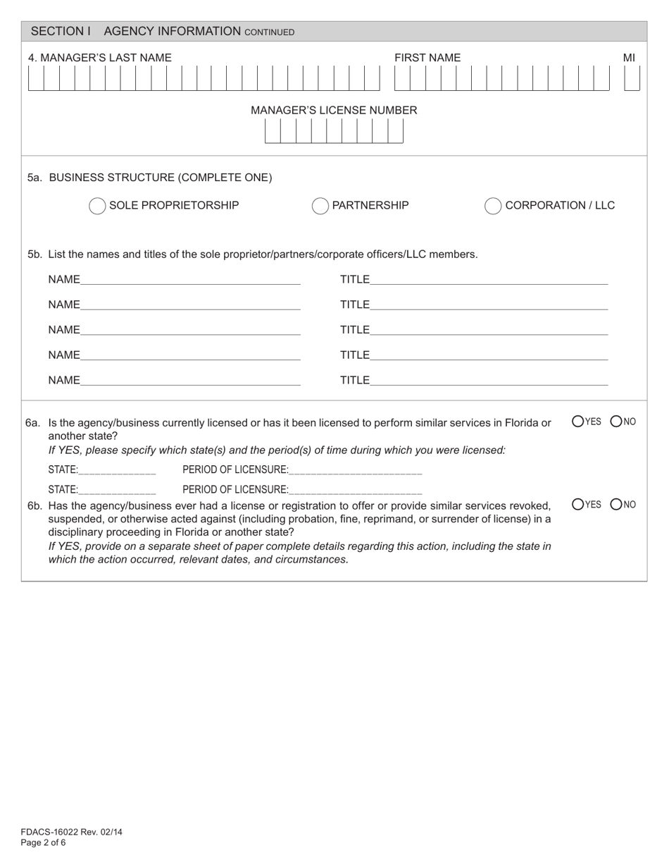 Form FDACS-16022 Application for Class a, b, or r Agency License - Florida, Page 8