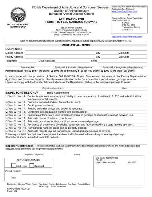 Form FDACS-09015 Application for Permit to Feed Garbage to Swine - Florida