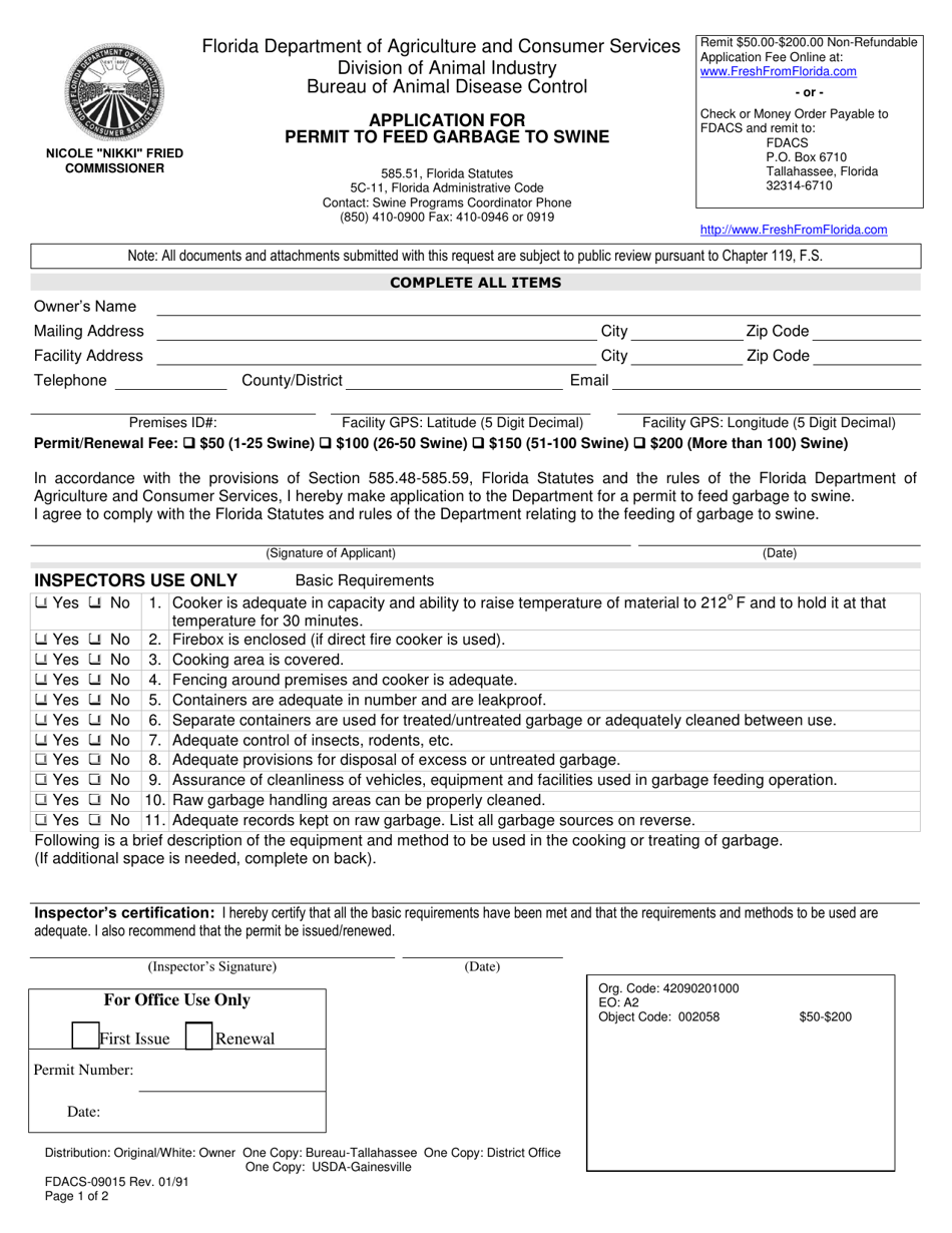 Form FDACS-09015 Application for Permit to Feed Garbage to Swine - Florida, Page 1