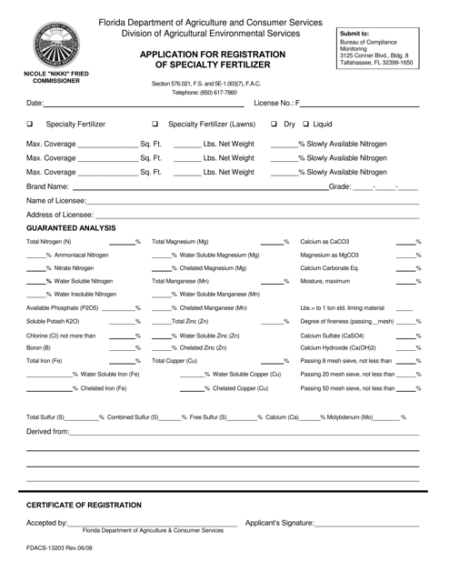 Form FDACS-13203 Application for Registration of Specialty Fertilizer - Florida