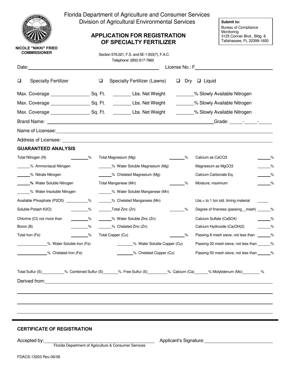 Form FDACS-13203 Application for Registration of Specialty Fertilizer - Florida, Page 1