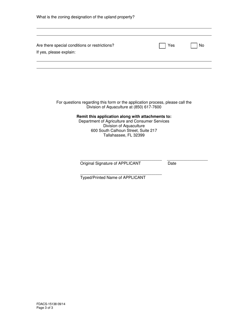Form FDACS-15138 Application for Sovereignty Submerged Land Aquaculture Letter of Consent - Florida, Page 3
