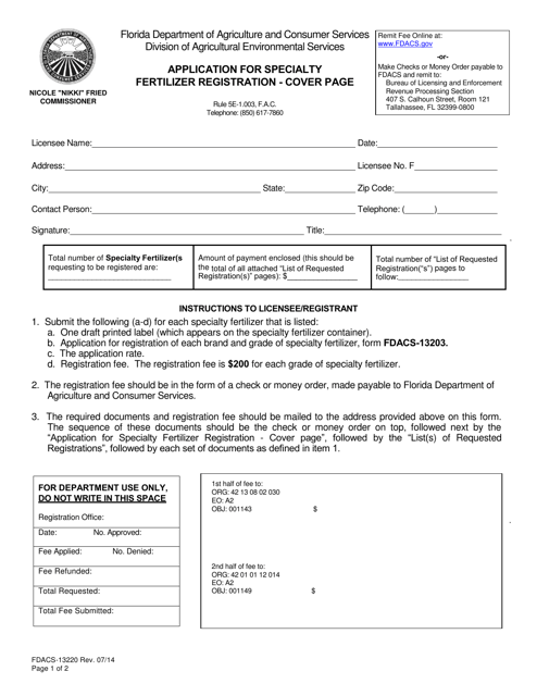Form FDACS-13220 Application for Specialty Fertilizer Registration - Florida
