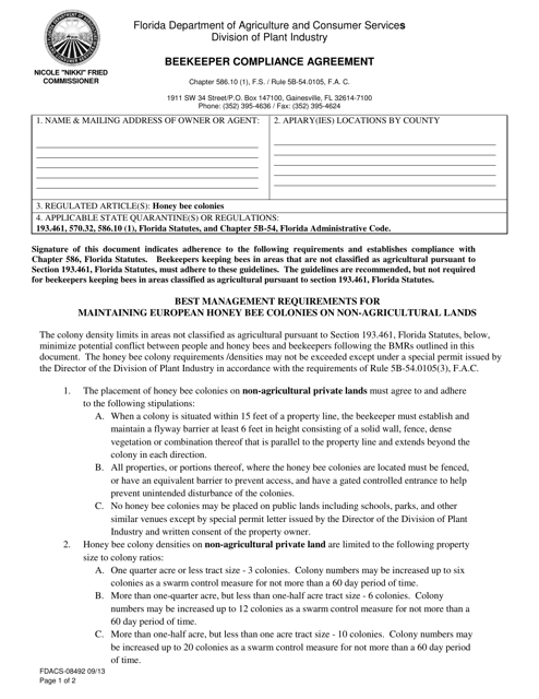 Form FDACS-08492 Beekeeper Compliance Agreement - Florida