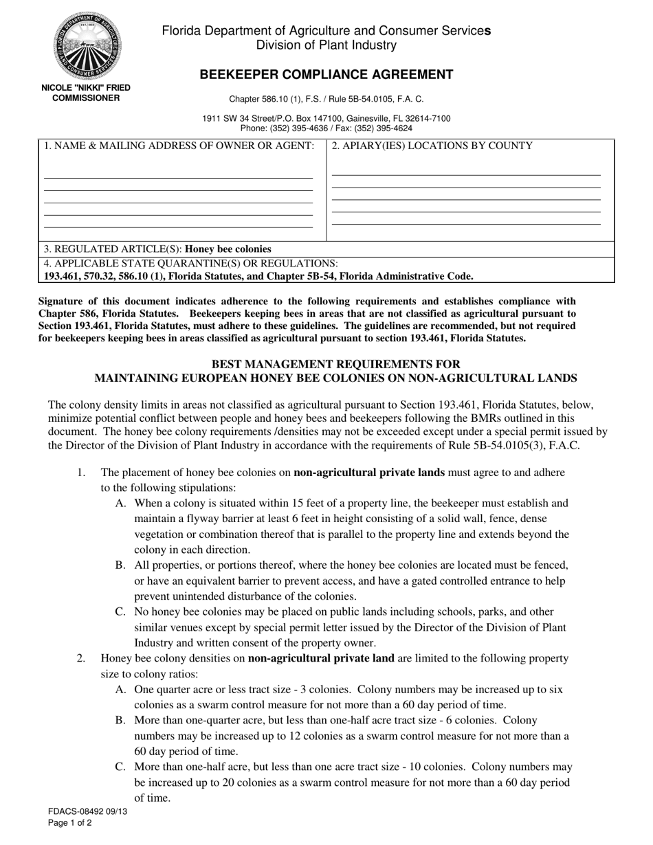 Form FDACS-08492 Beekeeper Compliance Agreement - Florida, Page 1