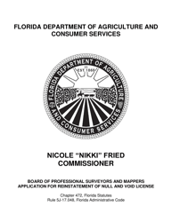 Document preview: Form FDACS-10052 Board of Professional Surveyors & Mappers Application for Reinstatement of Null & Void Certification - Florida