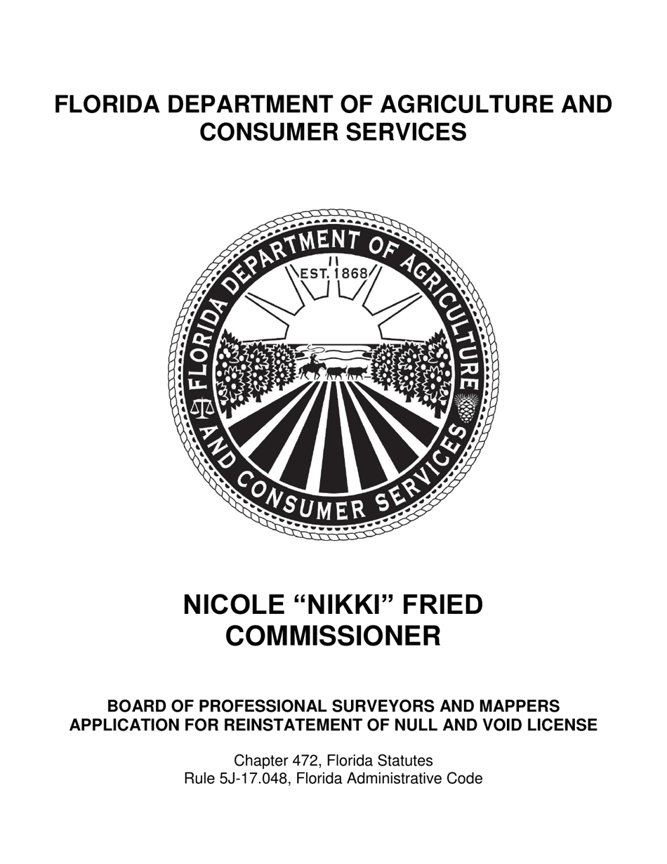 Form FDACS-10052 Board of Professional Surveyors  Mappers Application for Reinstatement of Null  Void Certification - Florida, Page 1