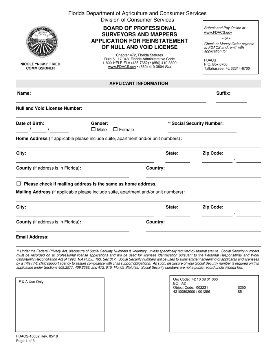 Form FDACS-10052 Board of Professional Surveyors  Mappers Application for Reinstatement of Null  Void Certification - Florida, Page 3
