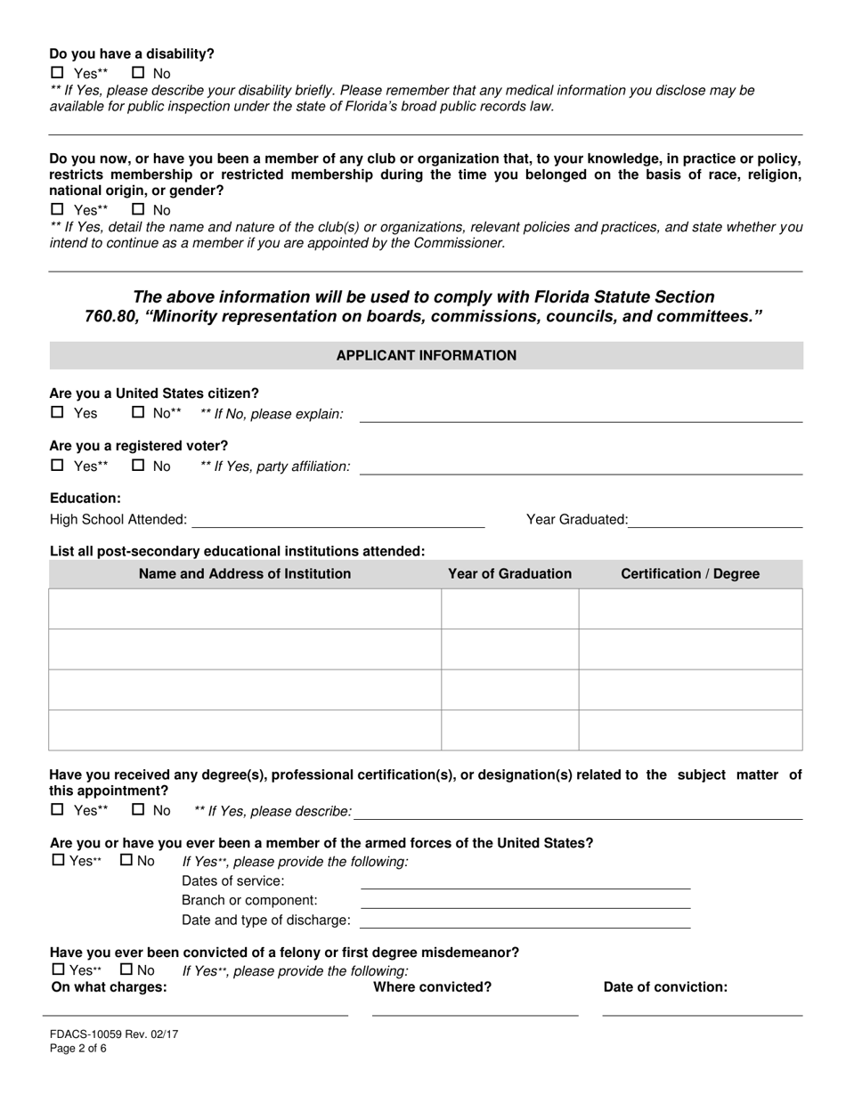 Form FDACS-10059 Board of Professional Surveyors and Mappers Appointment Questionnaire - Florida, Page 4