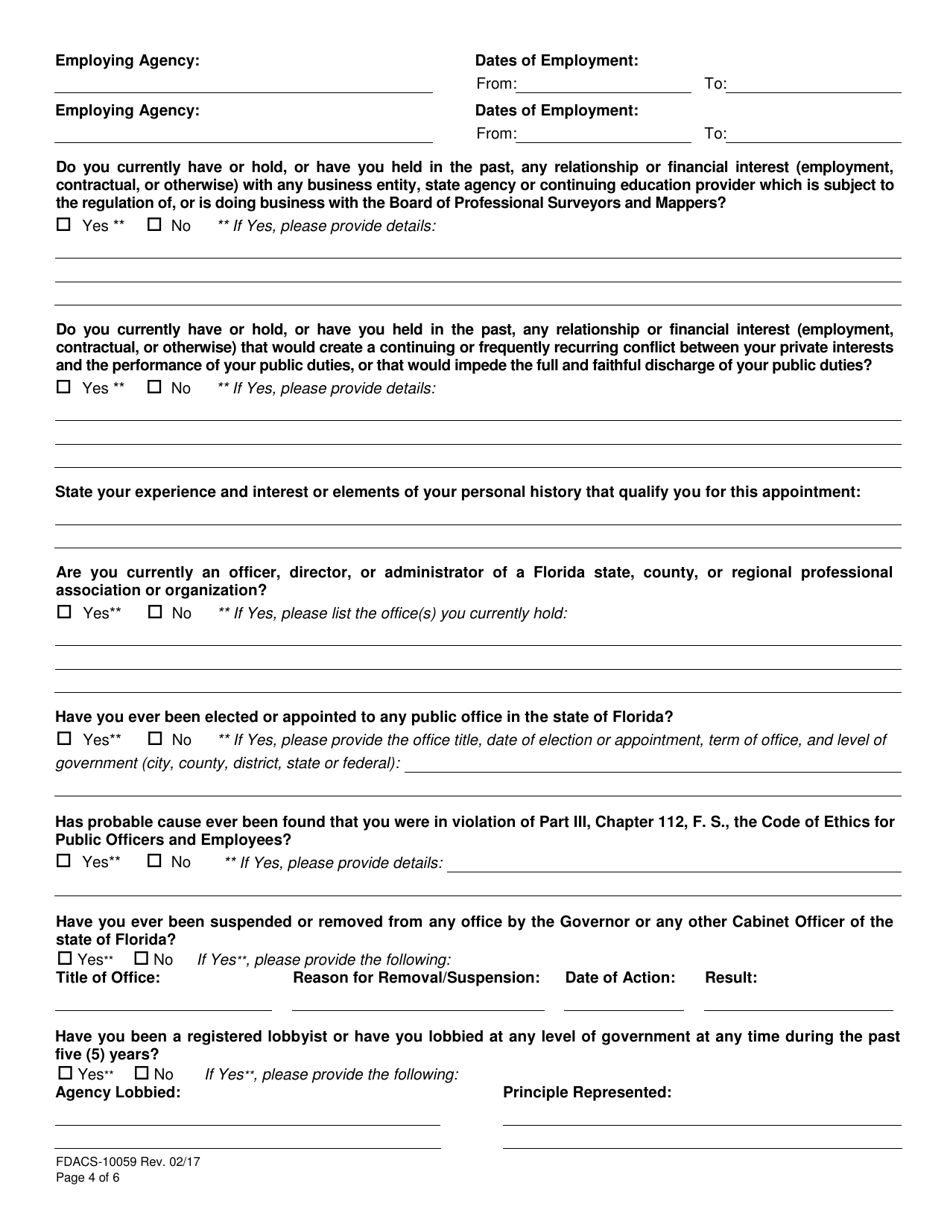 Form FDACS-10059 Board of Professional Surveyors and Mappers Appointment Questionnaire - Florida, Page 6