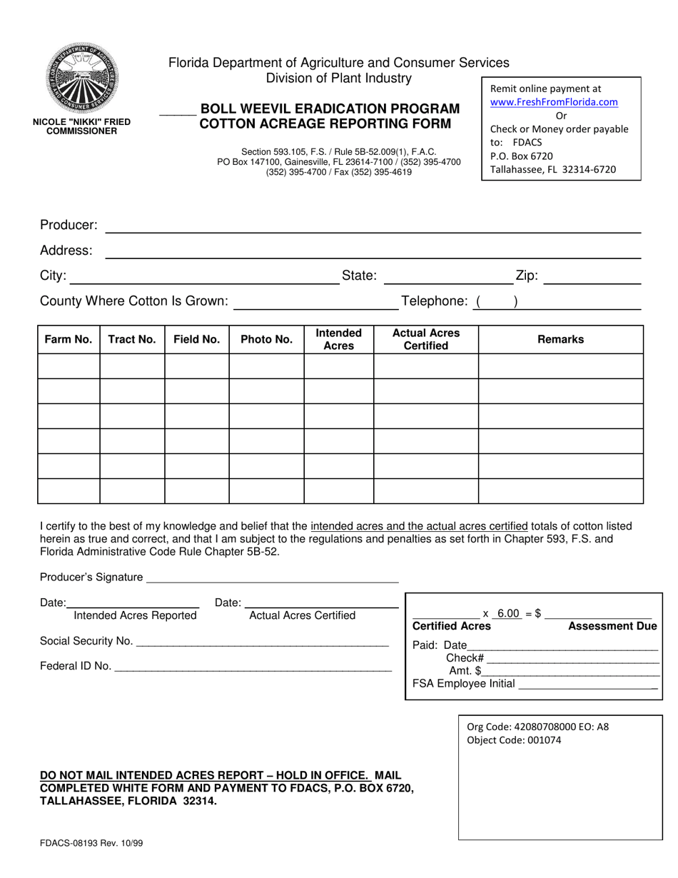 Form FDACS-08193 Boll Weevil Eradication Program Cotton Acreage Reporting Form - Florida, Page 1