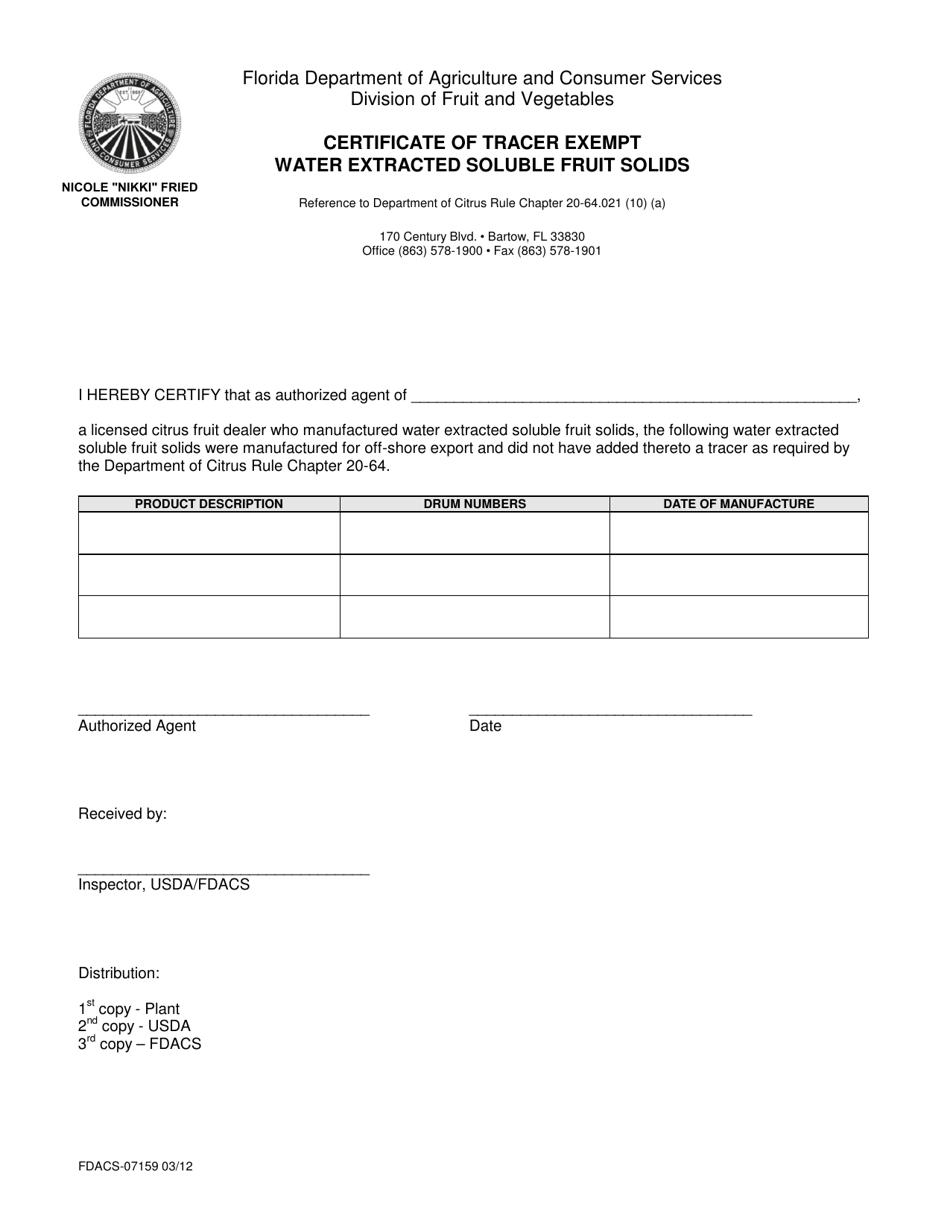 Form FDACS-07159 Certificate of Tracer Exempt Water Extracted Soluble Fruit Solids - Florida, Page 1