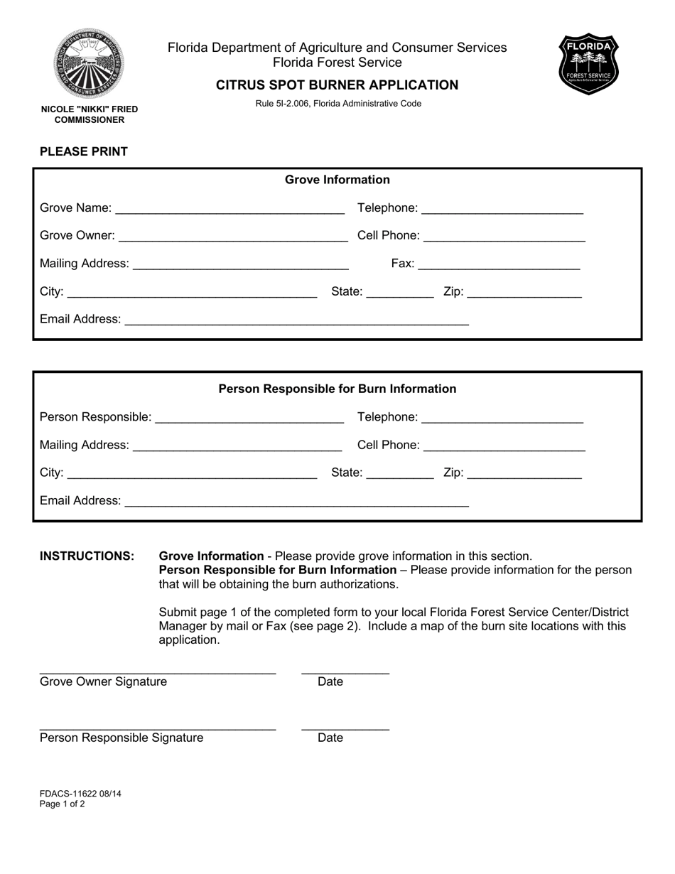 Form FDACS-11622 Citrus Spot Burner Application - Florida, Page 1