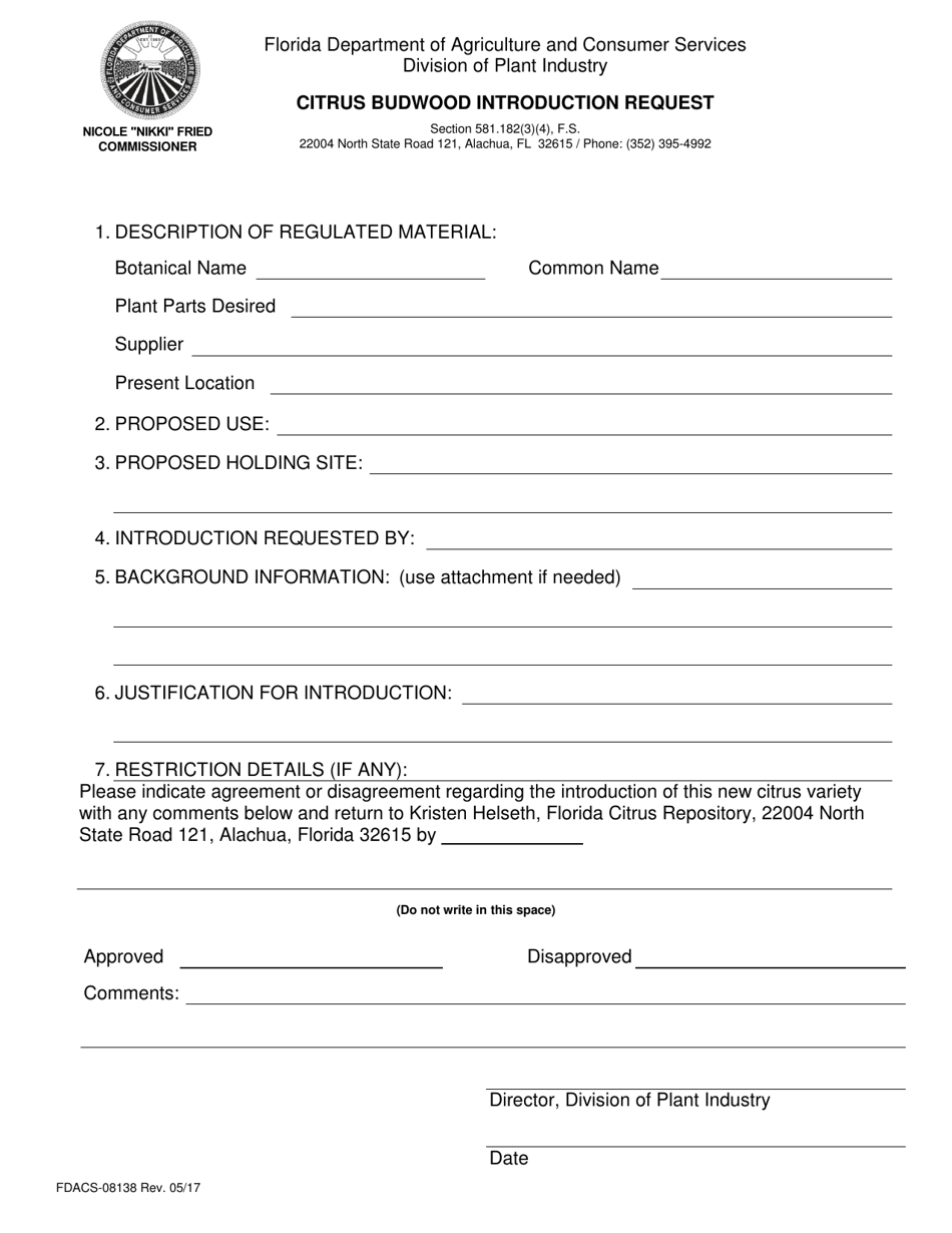 Form FDACS-08138 Citrus Budwood Introduction Request - Florida, Page 1