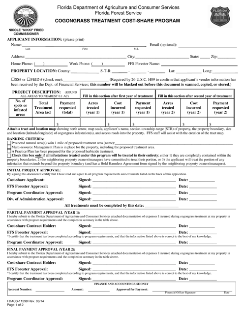 Form FDACS-11298 Cogongrass Treatment Cost-Share Program - Florida