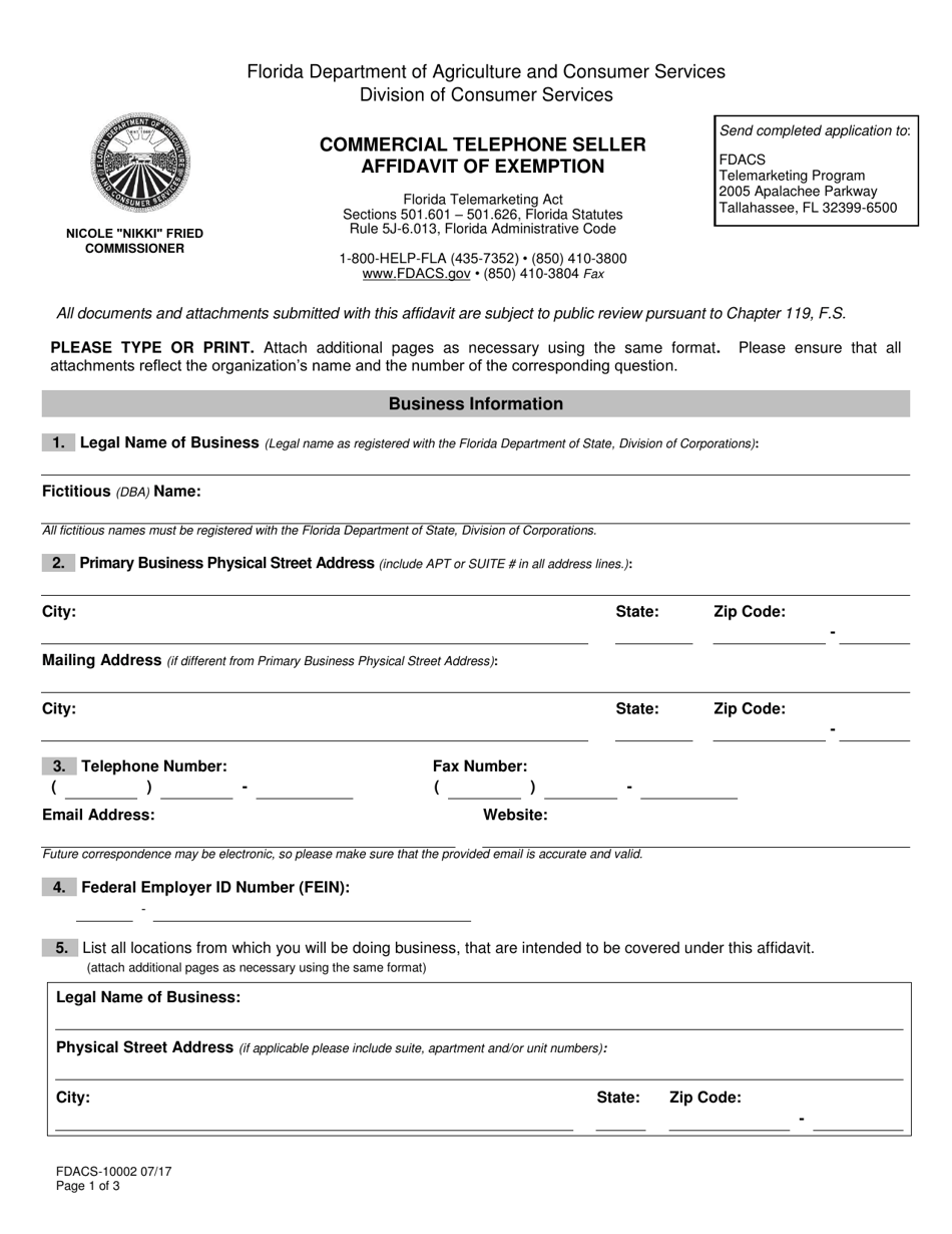 Form FDACS-10002 Commercial Telephone Seller Affidavit of Exemption - Florida, Page 1