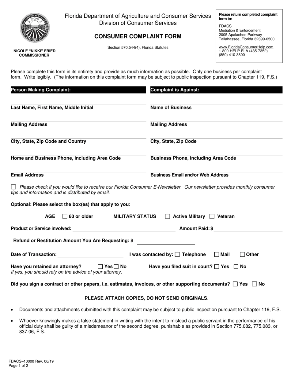 Form FDACS-10000 Consumer Complaint Form - Florida, Page 1