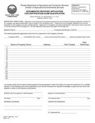 Form FDACS-13653 Documented Pesticide Application for Certification Exam Qualification - Florida