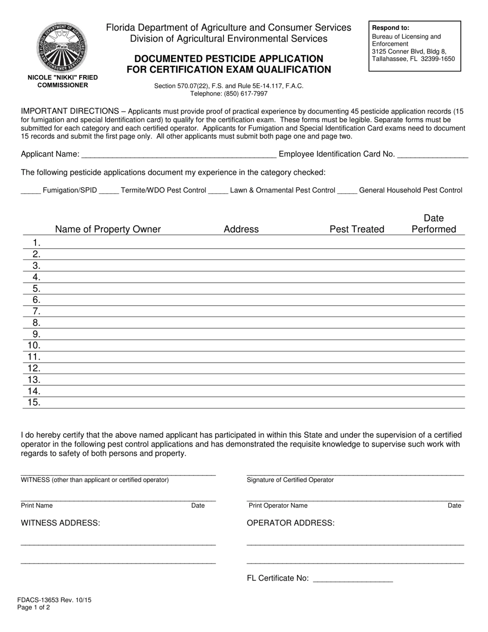 Form FDACS-13653 Documented Pesticide Application for Certification Exam Qualification - Florida, Page 1